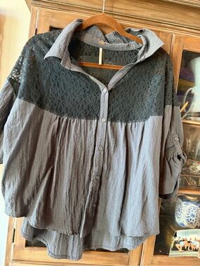 Free People Gray Button-Up Lace Yoke Shirt